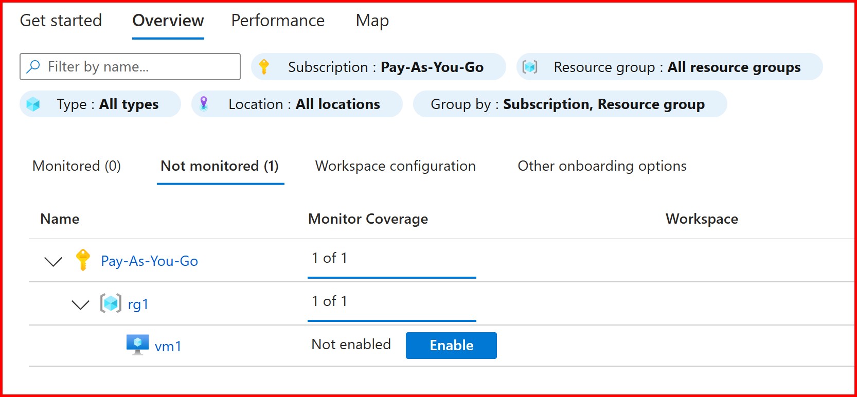 Picture showing enable button for enabling insight for the virtual machine